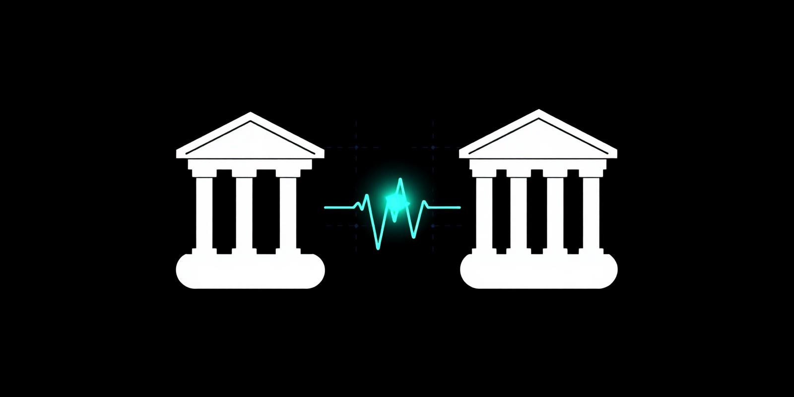 Two connected institutional ledgers with a pulse line